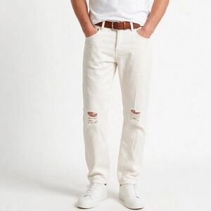 Fredd Marshall Mens White Distressed Ripped Slim Straight Jeans Size 14